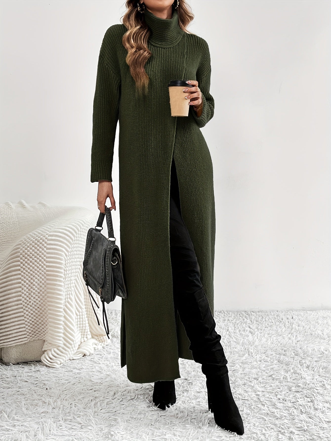 Solid High Neck Split Dress, Elegant Long Sleeve Maxi Dress, Women's Clothing