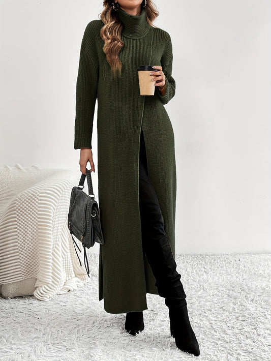 Solid High Neck Split Dress, Elegant Long Sleeve Maxi Dress, Women's Clothing