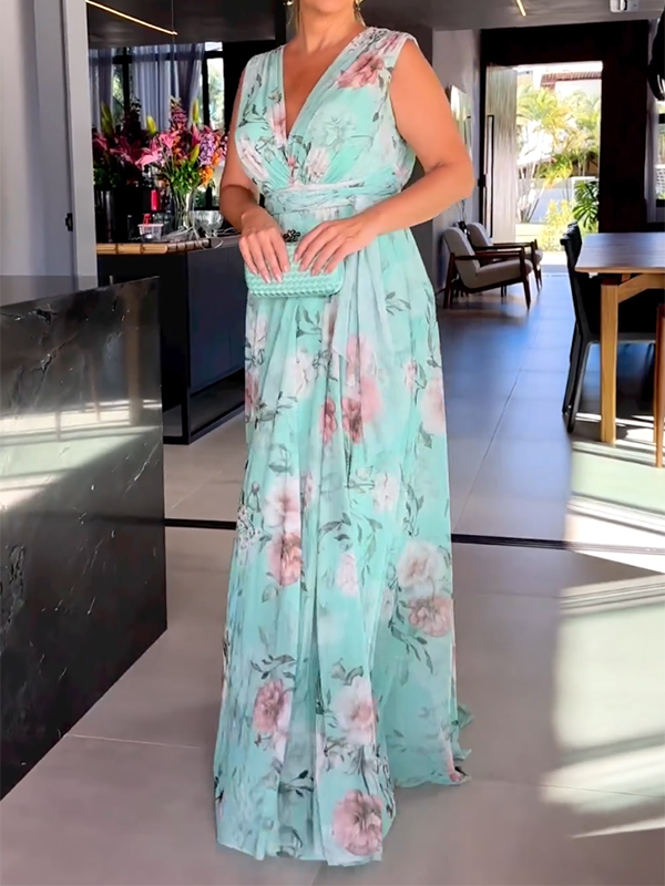 vmtvr - Sleeveless Floral Printed Split-Side V-Neck Maxi Dresses