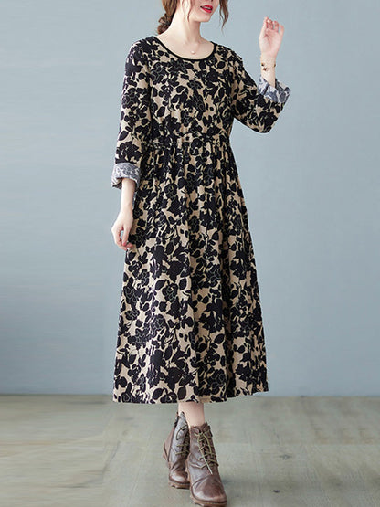 vmtvr - Artistic Retro Ramie Cotton Floral Printed Pleated Round-Neck Long Sleeves Midi Dress