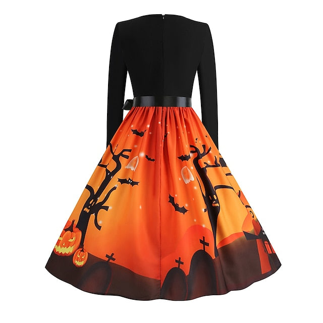 Women‘s Halloween Dress Retro 1950s Vintage Dress Midi Dress Holiday With Belt Bow Pumpkin Square Neck Long Sleeve Regular Fit Spring Fall  Black Yellow S M L XL