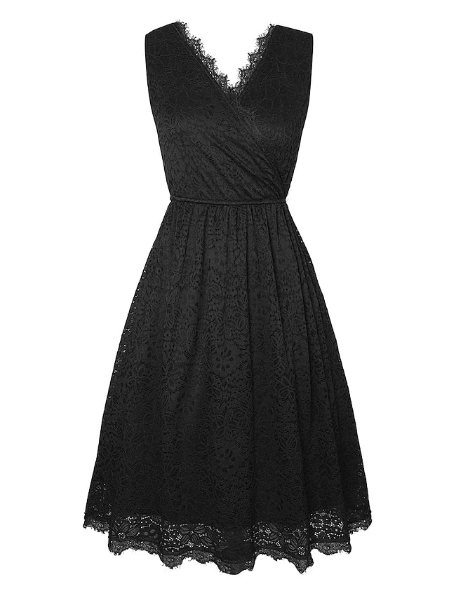 Women‘s Halloween Dress Retro Vintage Dress Midi Dress Party Lace Plain V Neck Sleeveless  Black White S M L XL