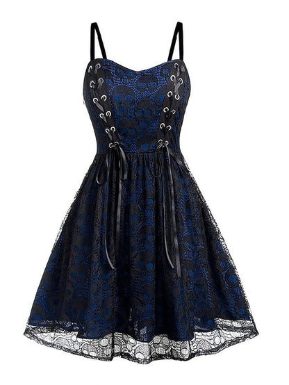 Women‘s Halloween Dress Vintage Retro Vintage Dress Midi Dress Outdoor Lace Drawstring Skull Spaghetti Strap Sleeveless Regular Fit Summer Spring  Black Grey Black and Blue S M L XL