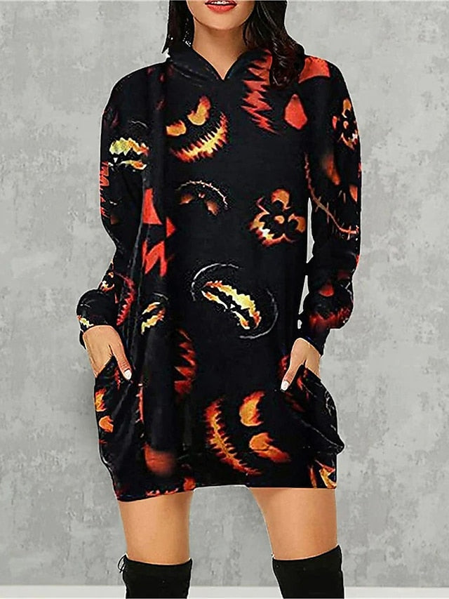 Women‘s Halloween Dress Casual Dress Hoodie Dress Mini Dress Fashion Daily Outdoor Vacation V Neck Pocket Print Skull Pumpkin Spider Loose Fit Black White Red S M L XL XXL