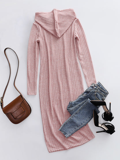 Chic Ribbed Knit Hoodie Dress for Spring/Fall: Long Sleeve, Easy Care, Durable - Perfect Casual Comfort