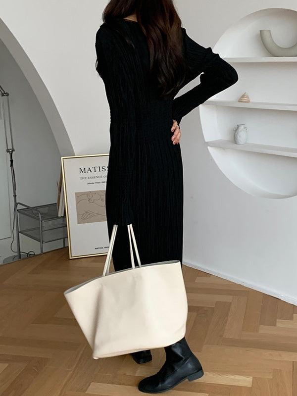 vmtvr - Simple Long Sleeves Black Split-Joint Elasticity Waist Pleated Midi Dress