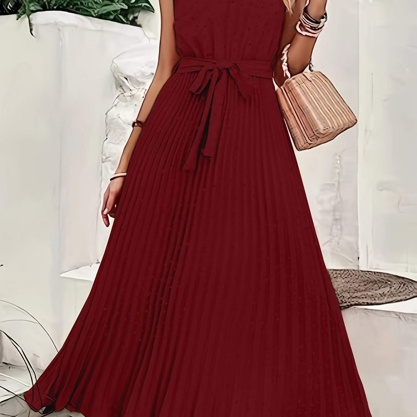 Solid Pleated Dress, Elegant Sleeveless Knotted Maxi Dress, Women's Clothing