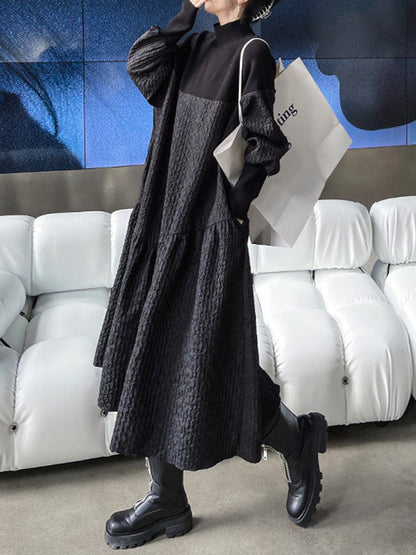 vmtvr - A-Line Long Sleeves Asymmetric Solid Color Split-Joint High-Neck Midi Dresses Sweater Dresses