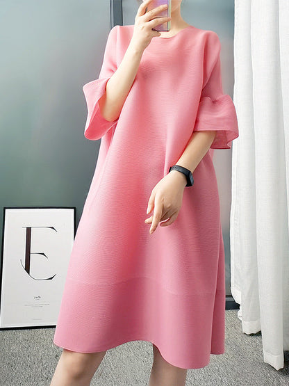 vmtvr - Stylish Selection Flared Sleeves A-Line Pleated Solid Color Round-Neck Midi Dresses