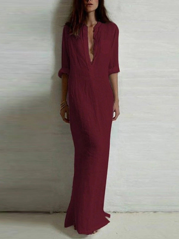 Simple Ramie Cotton Solid Color Split-Side Maxi Dress