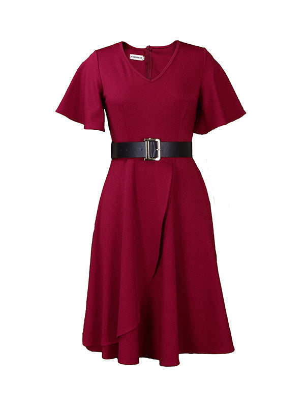 vmtvr - Irregular Clipping Plus Size Belted Solid Color Round-Neck Midi Dresses