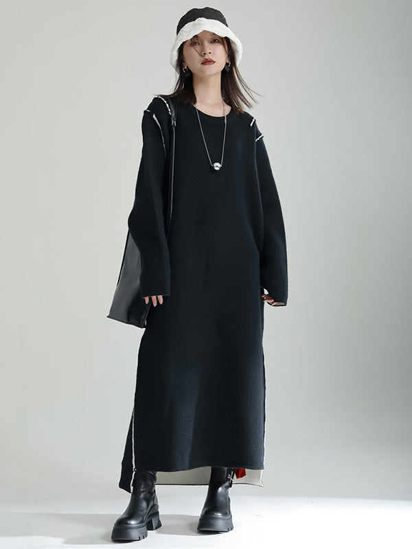 vmtvr - Casual Long Sleeves Loose Solid Color Round-Neck Sweater Dresses