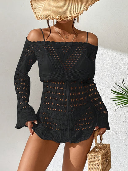 Women's Sexy Off-Shoulder Drawstring Waist Hollow Out Cover Up Dress - Beachwear, Knitted, Long Sleeve (Bikini Set Not Included)