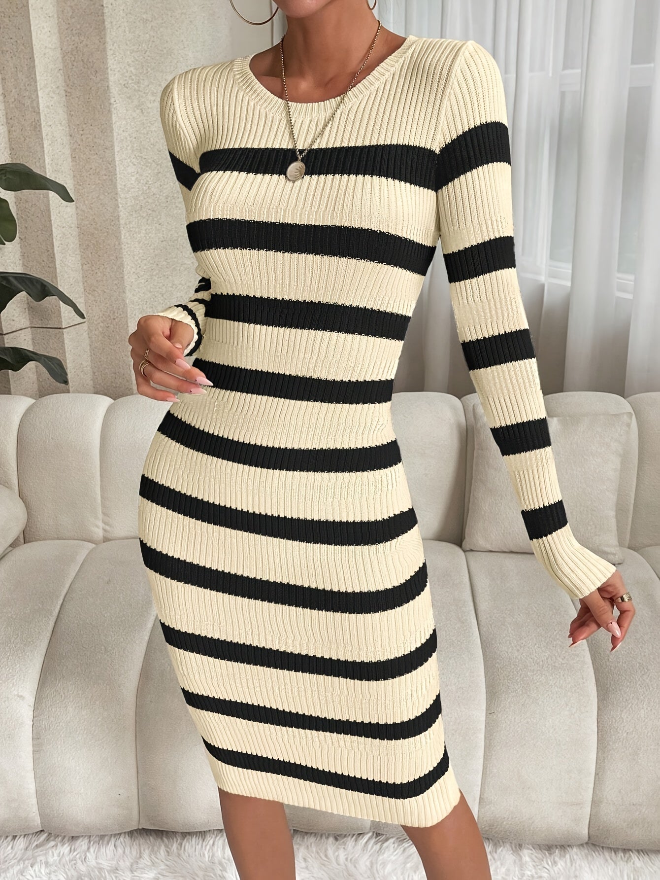 Knit Striped Bodycon Dress, Elegant Crew Neck Long Sleeve Dress For Spring & Fall, Women's Clothing