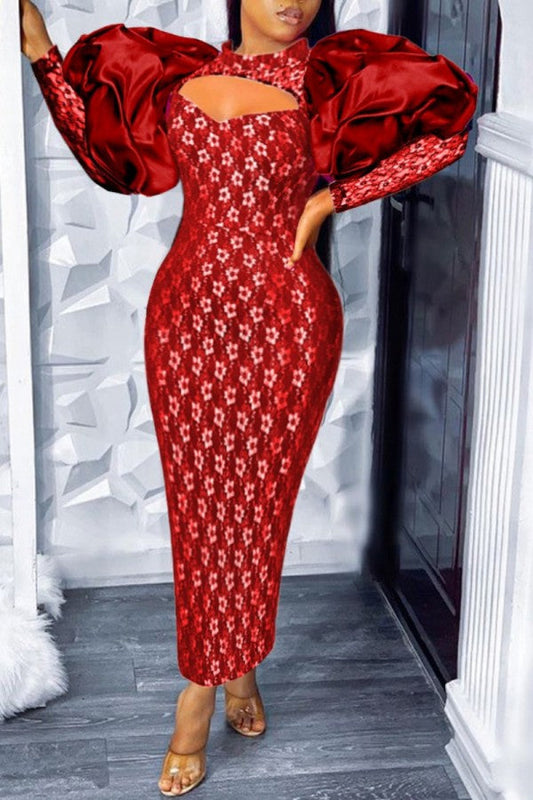 vmtvr - Red Sexy Patchwork Hollowed Out Half A Turtleneck Evening Dress Dresses