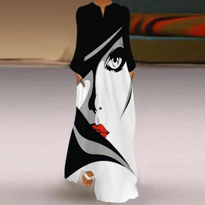 vmtvr - Vintage Abstract Face Printed Long Party Dress Women Robe V-neck Long Sleeve A-Line Dress