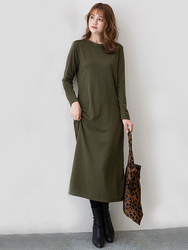 vmtvr - Simple Solid Color Round-Neck A-Line Midi Dress