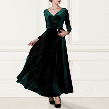 vmtvr - Elegant Solid Long Sleeved V-neck Velvet Maxi Dresses