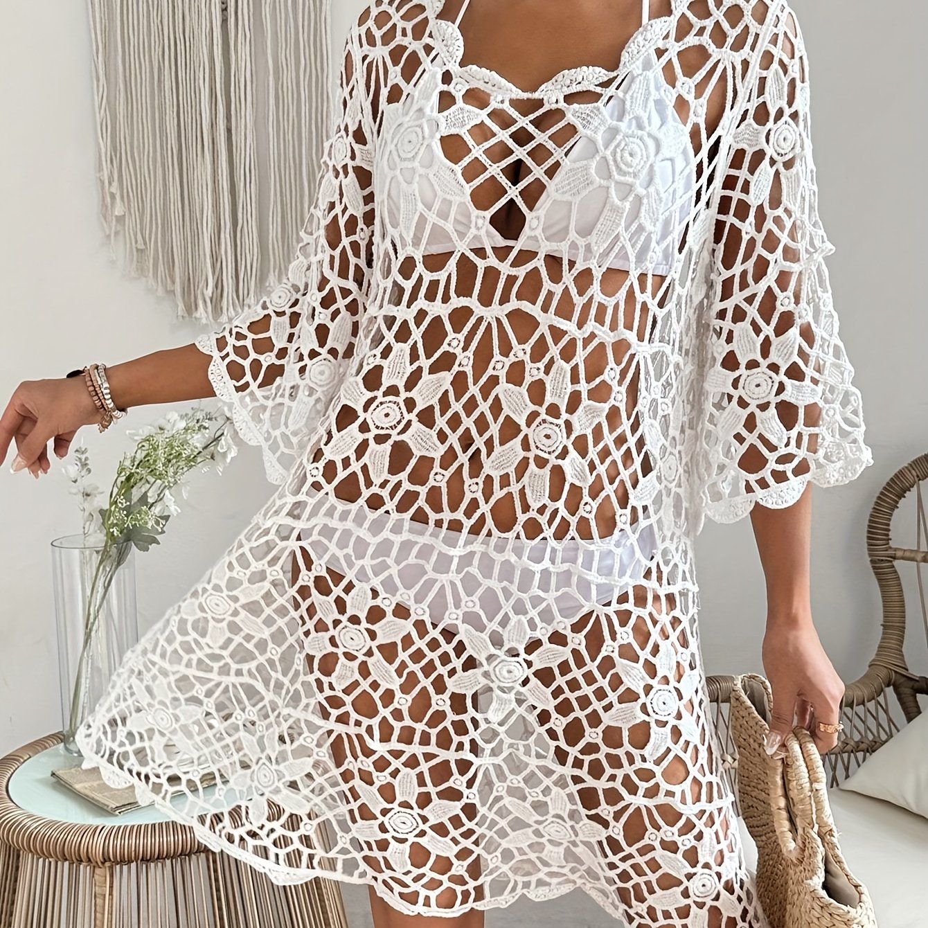 Boho Style Floral Hollow Out Knitted Semi Sheer Loose Fit Cover Up Dress Without Bikini, Women's Swimwear & Clothing