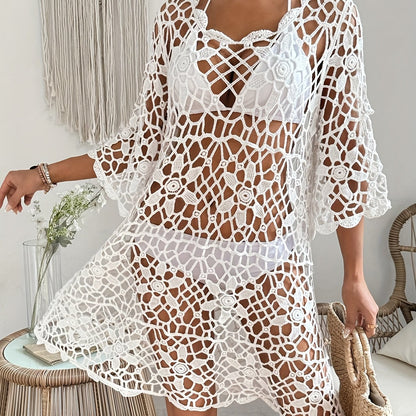 Boho Style Floral Hollow Out Knitted Semi Sheer Loose Fit Cover Up Dress Without Bikini, Women's Swimwear & Clothing