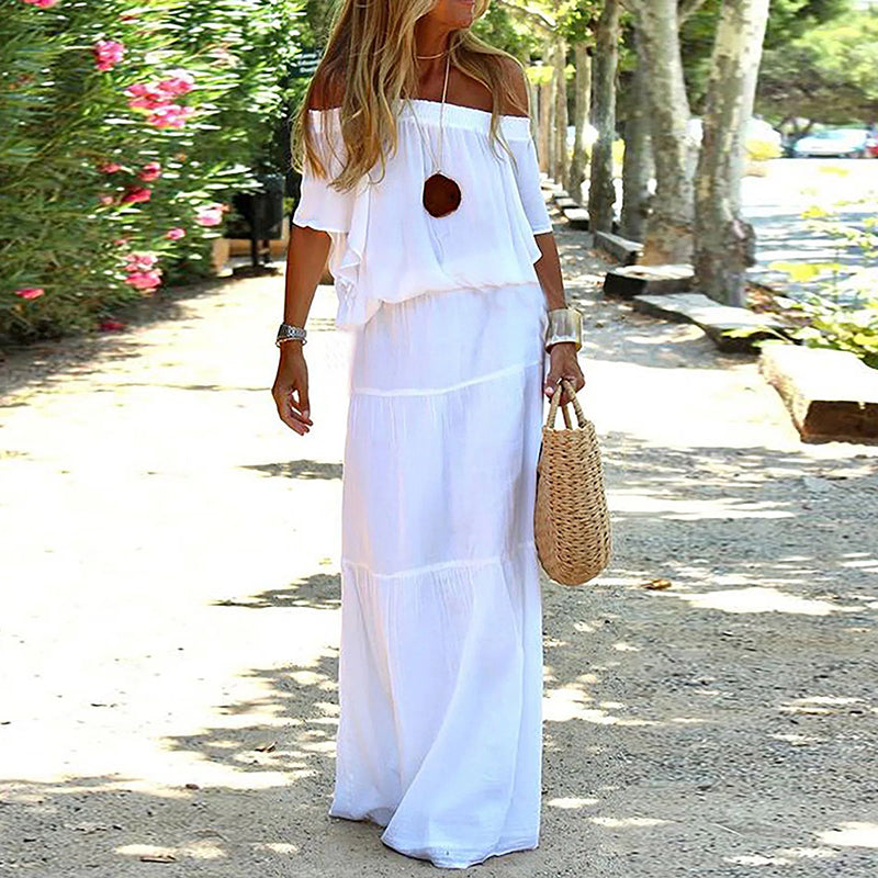 vmtvr - Horizontal Neck White Simple Women Casual Maxi Dress