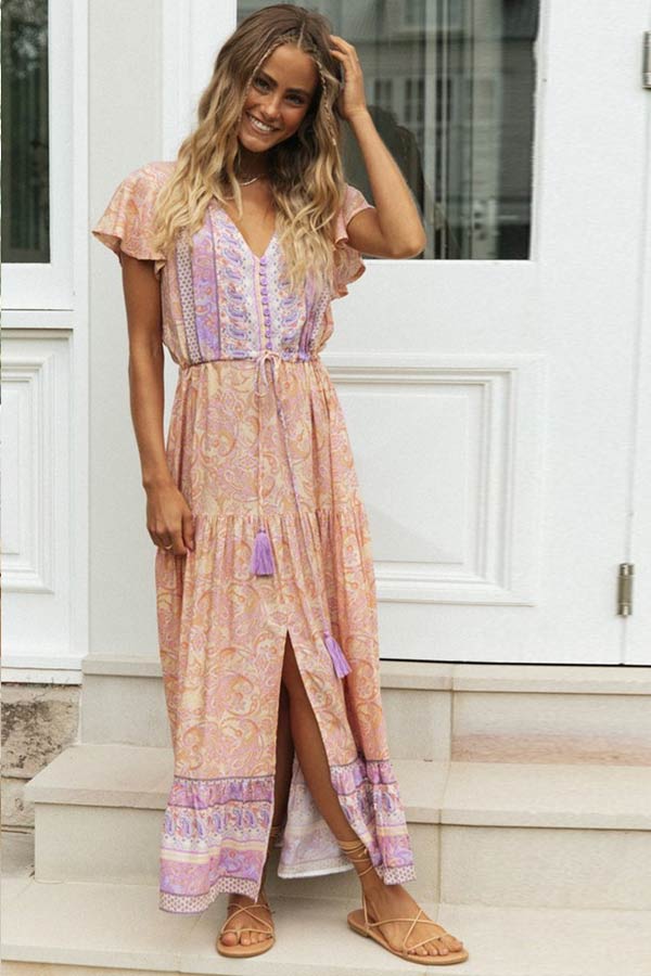 vmtvr - Fashion Bohemian Style Single Breasted Maxi Dress