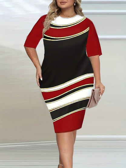 Plus Size Colorblock Half Sleeve Slim Fit Midi Dress, Women's Plus Slight Stretch Boho Midi Dress