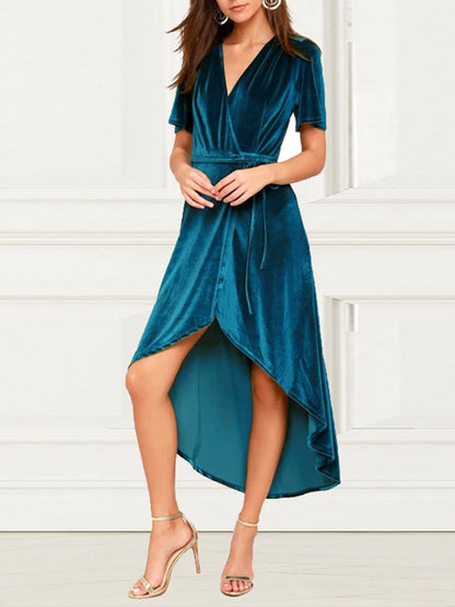 vmtvr - Fashion V Neck Velvet Midi Dress