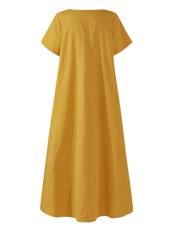 vmtvr - Simple Solid Color U-Neck Pleated Short Sleeves Maxi Dress