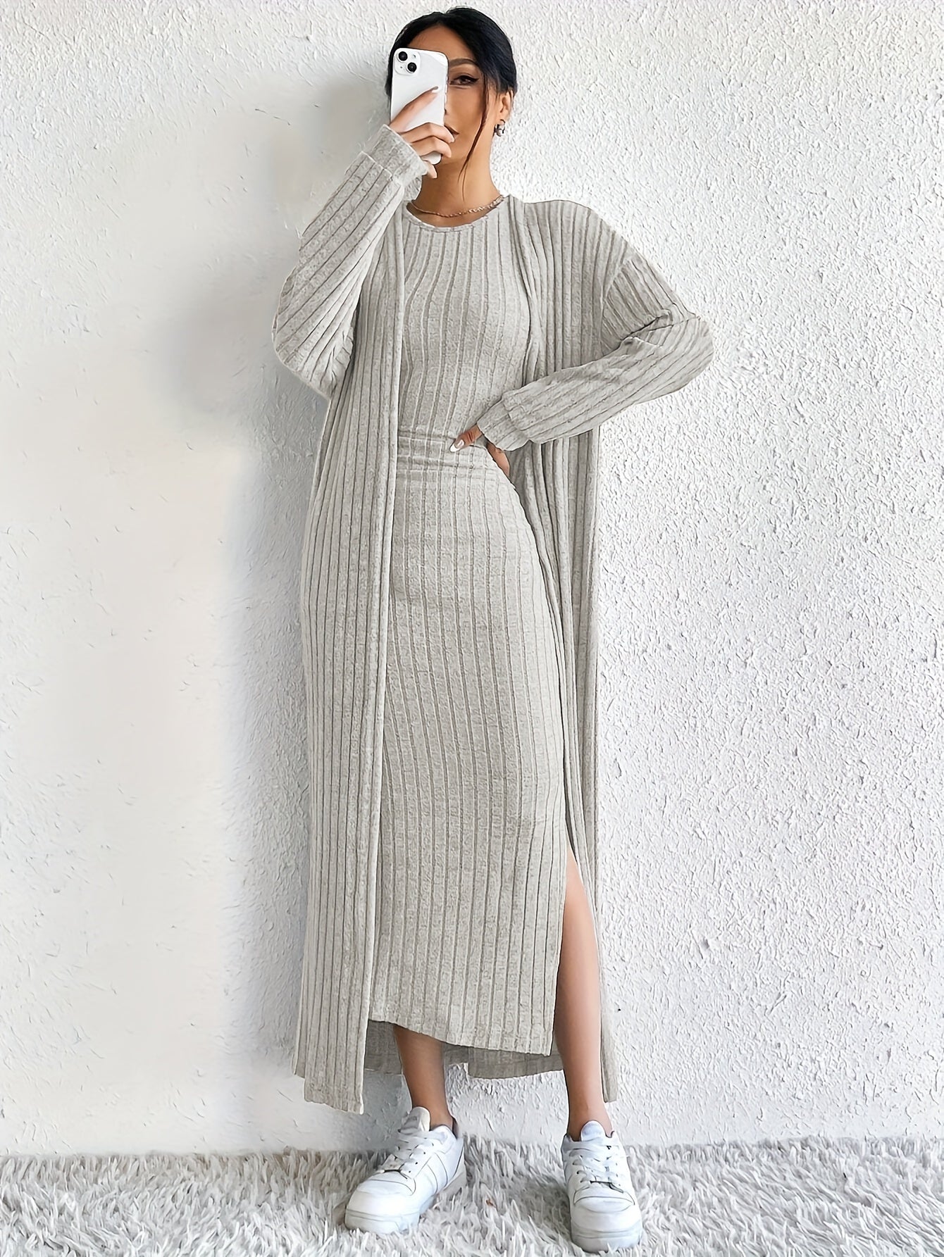 Solid Ribbed Knitted Dress Set, Elegant Open Front Long Sleeve Drop Shoulder Cardigan & Crew Neck Split Tank Dress Outfits, Women's Clothing