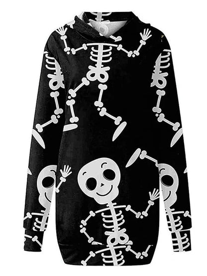 Women‘s Halloween Dress Casual Dress Hoodie Dress Mini Dress Fashion Daily Outdoor Vacation V Neck Pocket Print Skull Pumpkin Spider Loose Fit Black White Red S M L XL XXL