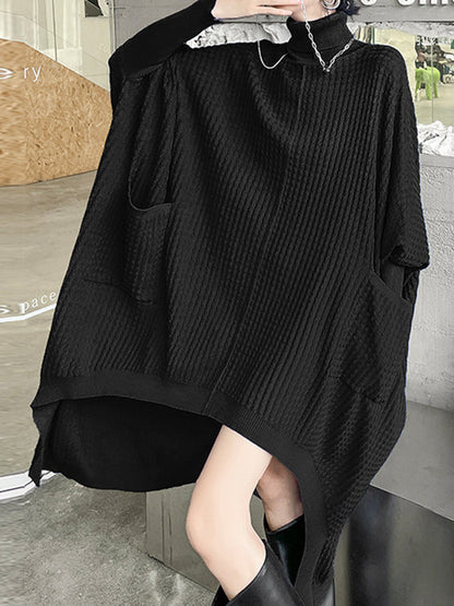 vmtvr - Batwing Sleeves High-Low Pockets Solid Color High-Neck Midi Dresses Sweater Dresses