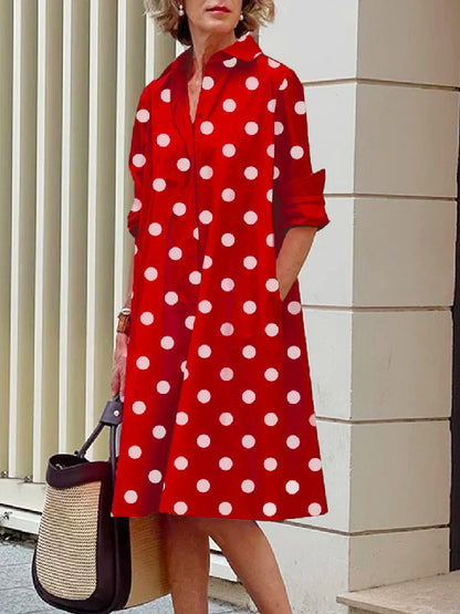 vmtvr - Vintage Long Sleeves Polka Dot Lapel Midi Dresses