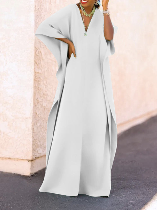 vmtvr - Batwing Sleeves Loose Solid Color Split-Side V-Neck Maxi Dresses