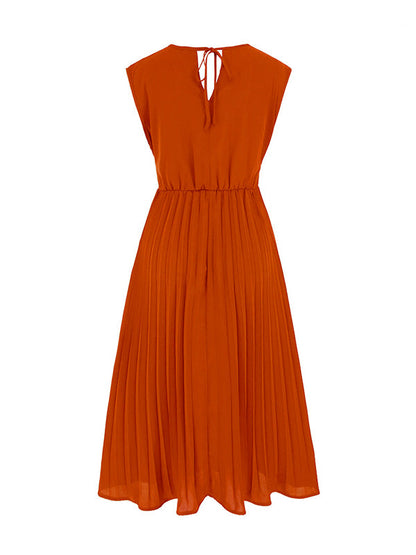 vmtvr - Sleeveless Pleated Solid Color Tied Waist V-Neck Midi Dresses