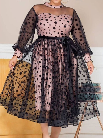 Women‘s Plus Size Curve Halloween Dress Party Dress Polka Dot Off Shoulder Print Long Sleeve Spring Fall Elegant Prom Dress Midi Dress Formal Party Dress