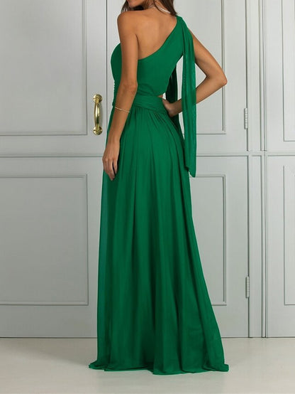 Women's Prom Dress Party Dress Cut Out Dress Long Dress Maxi Dress Green Long Sleeve Pure Color Backless Spring Fall Winter One Shoulder Fashion Birthday Evening Party Wedding Guest  S M L XL