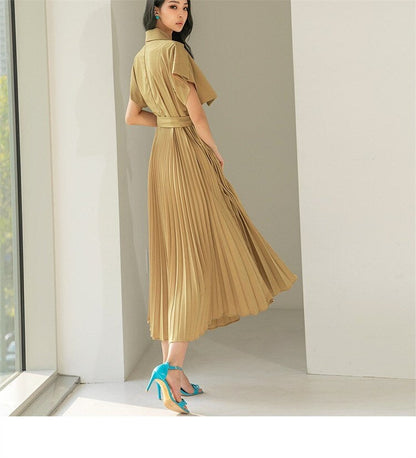 Summer Lace-Up Dress Fashion Vintage Luxury Elegant Pleated Vestidos Slim Women Evening Party