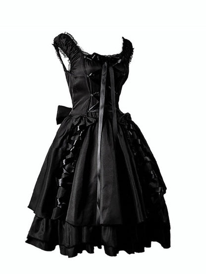 Women‘s Halloween Dress Retro Gothic Vintage Dress Midi Dress Party Outdoor Lace up Drawstring Plain Square Neck Sleeveless Loose Fit Summer Spring  Black S M L XL