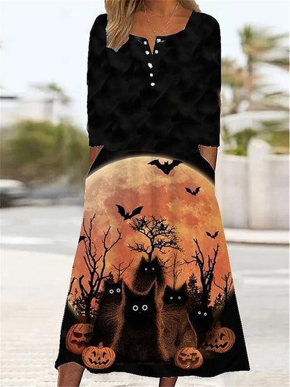 Women‘s Halloween Dress Casual Dress Print Dress Spring Dress Graphic Button Pocket Crew Neck Midi Dress Fashion Streetwear Outdoor Daily Long Sleeve Regular Fit Light Yellow Black Yellow