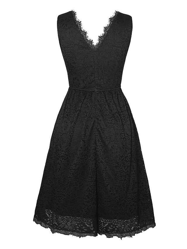 Women‘s Halloween Dress Retro Vintage Dress Midi Dress Party Lace Plain V Neck Sleeveless  Black White S M L XL