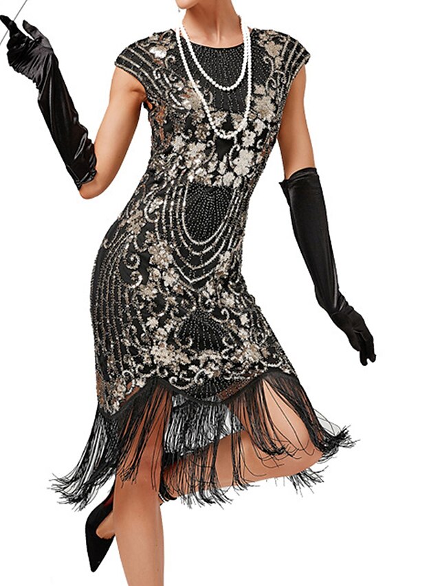 Women‘s Halloween Dress Retro 1920s Fringe Dress Midi Dress Party Sequins Tassel Fringe Floral Crew Neck Short Sleeve Slim Summer Spring  Black Gold Red XS S M L