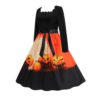 Women‘s Halloween Dress Retro 1950s Vintage Dress Midi Dress Holiday With Belt Bow Pumpkin Square Neck Long Sleeve Regular Fit Spring Fall  Black Yellow S M L XL