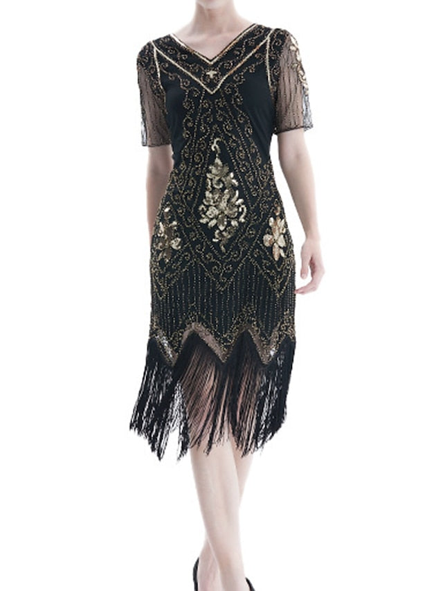 Women‘s Halloween Dress Retro 1920s Fringe Dress Midi Dress Party Outdoor Sequins Tassel Fringe Floral V Neck Short Sleeve Regular Fit Summer Spring  Black Golden S M L XL