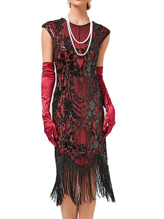 Women‘s Halloween Dress Retro 1920s Fringe Dress Midi Dress Party Sequins Tassel Fringe Floral Crew Neck Short Sleeve Slim Summer Spring  Black Gold Red XS S M L