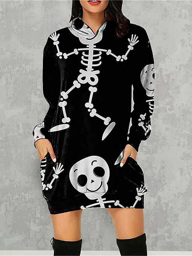 Women‘s Halloween Dress Casual Dress Hoodie Dress Mini Dress Fashion Daily Outdoor Vacation V Neck Pocket Print Skull Pumpkin Spider Loose Fit Black White Red S M L XL XXL