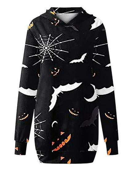 Women‘s Halloween Dress Casual Dress Hoodie Dress Mini Dress Fashion Daily Outdoor Vacation V Neck Pocket Print Skull Pumpkin Spider Loose Fit Black White Red S M L XL XXL