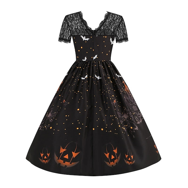 Women‘s Halloween Dress Retro 1950s Vintage Dress Midi Dress Holiday Lace Patchwork Graphic V Neck Short Sleeve Regular Fit Spring Fall  Black Blue S M L XL