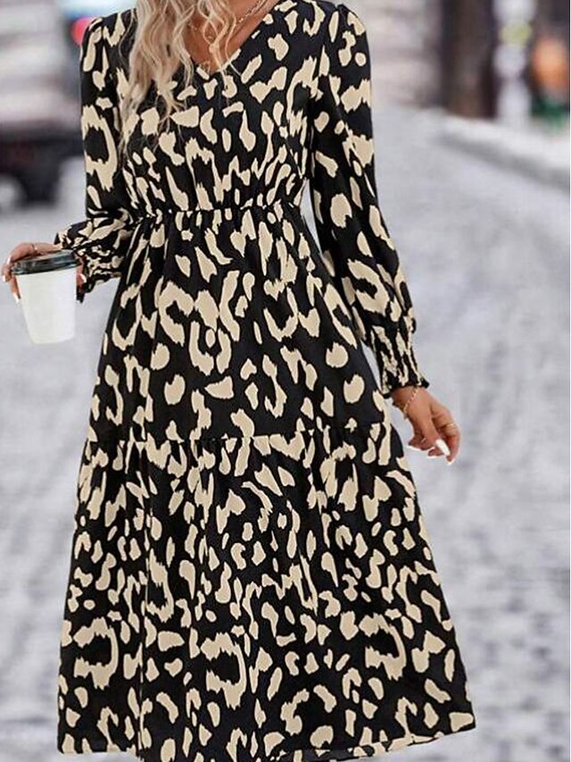 Women's Casual Dress A Line Dress Print Dress Leopard Patchwork Print V Neck Midi Dress Active Fashion Outdoor Street Long Sleeve Loose Fit Leopard Fall Winter S M L XL XXL