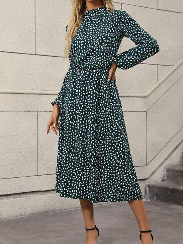 Women's Casual Dress A Line Dress Print Dress Polka Dot Print Stand Collar Midi Dress Active Fashion Outdoor Street Long Sleeve Loose Fit Green Fall Winter S M L XL XXL